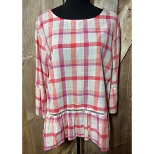 Bobeau Pink Red White Gingham Long Bell Sleeve Knit Top Blouse India Women's XL